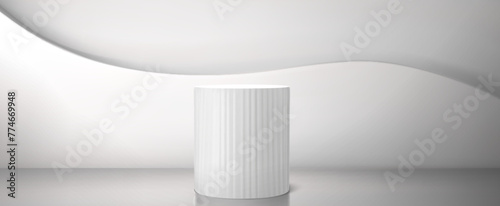 3d white column podium with wave. Museum pedestal. Empty greek stand for product display to exhibit. Antique greece pillar cylinder design. Realistic presentation geometric interior for store.