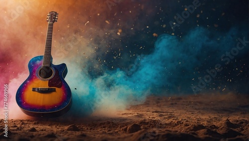 uitar in cloud colorful dust, World music day banner with musician and musical instrument on abstract colorful dust background