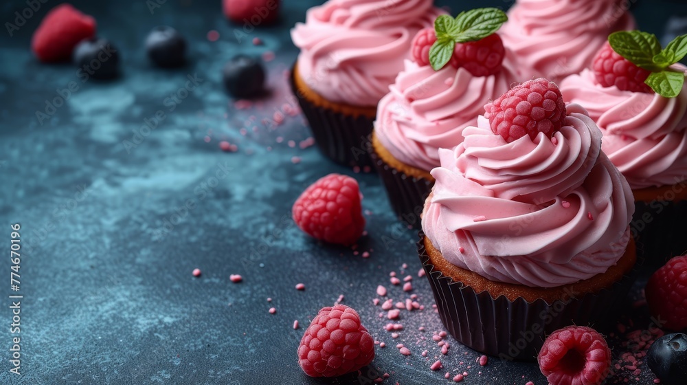   A collection of cupcakes boasts pink frosting and raspberries atop a blue backdrop, surrounded by more raspberries