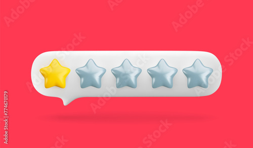Vector 3d gold one star out of five in white speech bubble. Realistic render of customer review, low rating, negative feedback concept. 3d bad quality service symbol on red background with shadow.