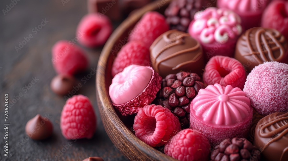   A wooden table holds a bowl brimming with assorted chocolates, garnished by raspberries atop Nearby, an untouched mound of fresh rasp - obrazy, fototapety, plakaty 