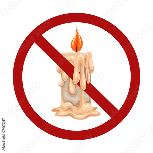 Vector prohibition sign with cartoon burning candle isolated on background. Celebrating birthdays is prohibited. Grieving is forbidden.