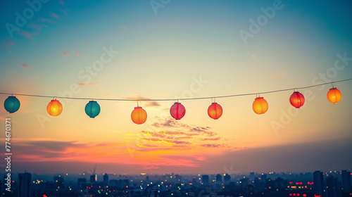 View over cozy outdoor terrace with outdoor string lights. beautiful house with lanterns_