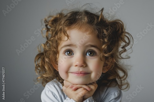Portrait of a cute little girl with curly hair on a gray background