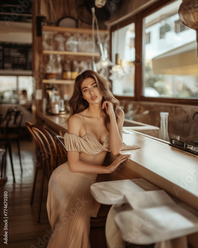 Chic woman in cream dress seated at café table