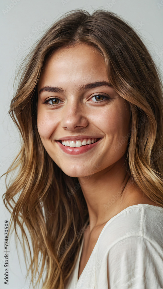 beautiful young woman wearing a white outfit is smiling while looking at the camera on a clean white background