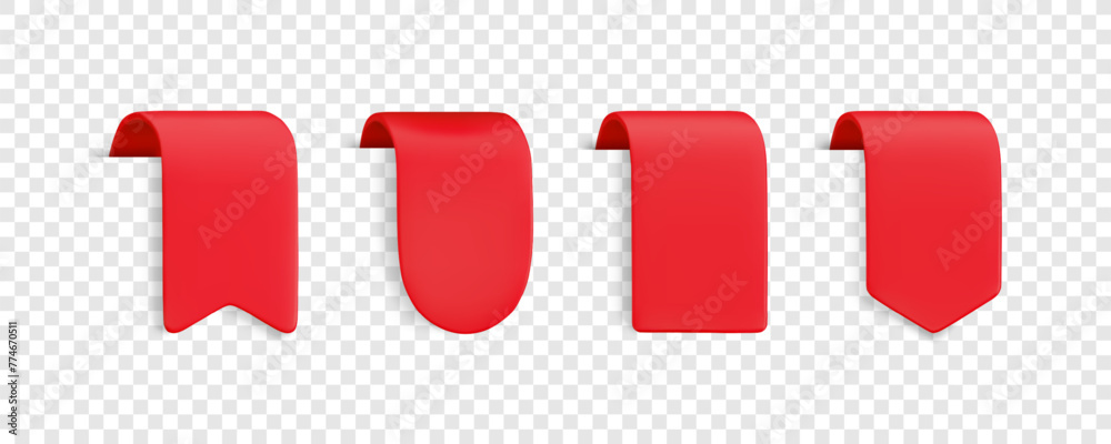 Vector Realistic 3d Red Ribbons set. Vintage design element, decorative bookmark sticker with shadow on transparent background. Cartoon 3d vertical ribbon tag for sale banner, price tag, game, app.