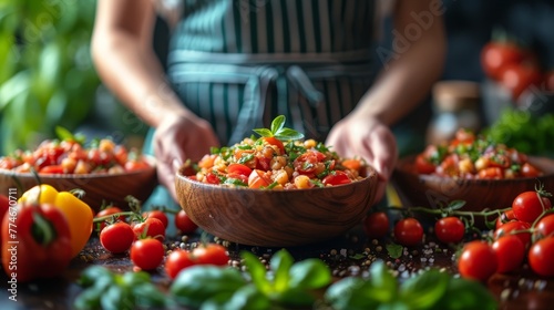  a bowl of food with tomatoes, peppers, and more peppers as the backdrop