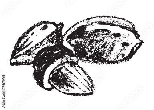 Vector hand-drawn illustration almonds. Black charcoal drawing of almond nut for marzipan paste label design or almond butter packaging. Botanical sketch for ketogenic diet banner.