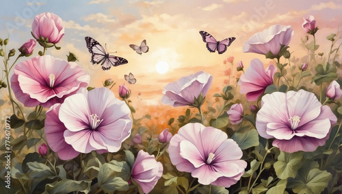 Sunrise Harmony, Mallow Flowers Paint the Field as Butterflies Take Flight - an oil painting.