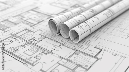 Architectural Blueprints of Building Design . An array of rolled and unrolled architectural blueprints featuring detailed building plans, highlighting the precision of engineering design. 
