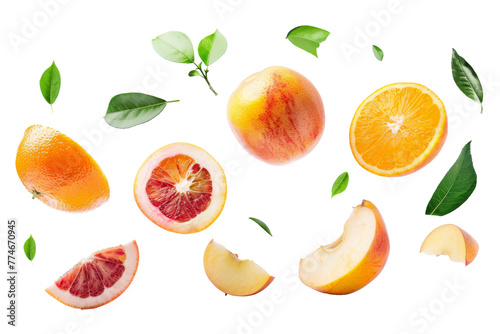 Oranges and apples with half slices falling or floating in the air with green leaves isolated on background, Fresh organic fruit with high vitamins and minerals.