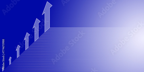 Isometric view. Blue background has an arrow with pointing upwards. Glowing white background and straight lines.