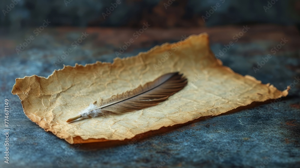   A feather atop paper on a blue counter, nearby rests a metal object