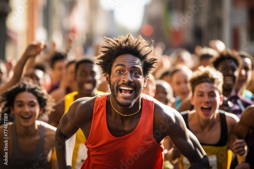  Capture the intensity of a runner's focused gaze as they navigate through a crowd of cheering spectators during the marathon