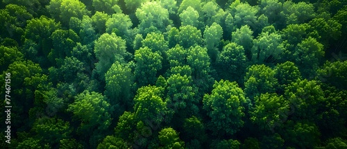 A dense forest of green trees  with a mix of large and small trees. The image is taken from above  showing the top of the trees.