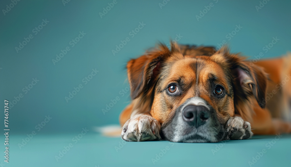 A brown and white dog is laying on a blue surface. The dog has a sad expression on its face. a dog laying down and looking extremely bored with a solid light teal blue background A brown and white dog is laying on a blue surface. The dog has a sad expression on its face. a dog laying down and looking extremely bored with a solid light teal blue background