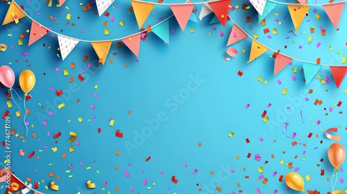 Festive background with colorful bunting, balloons and confetti. Ideal for celebrations, parties and events. Bright and cheerful design suitable for invitation cards. AI