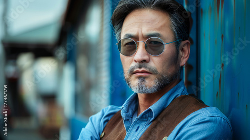 A man with a beard and glasses stands in front of a blue wall. He is wearing a blue shirt and a brown vest. blue collar worker who is rich lifestyle image