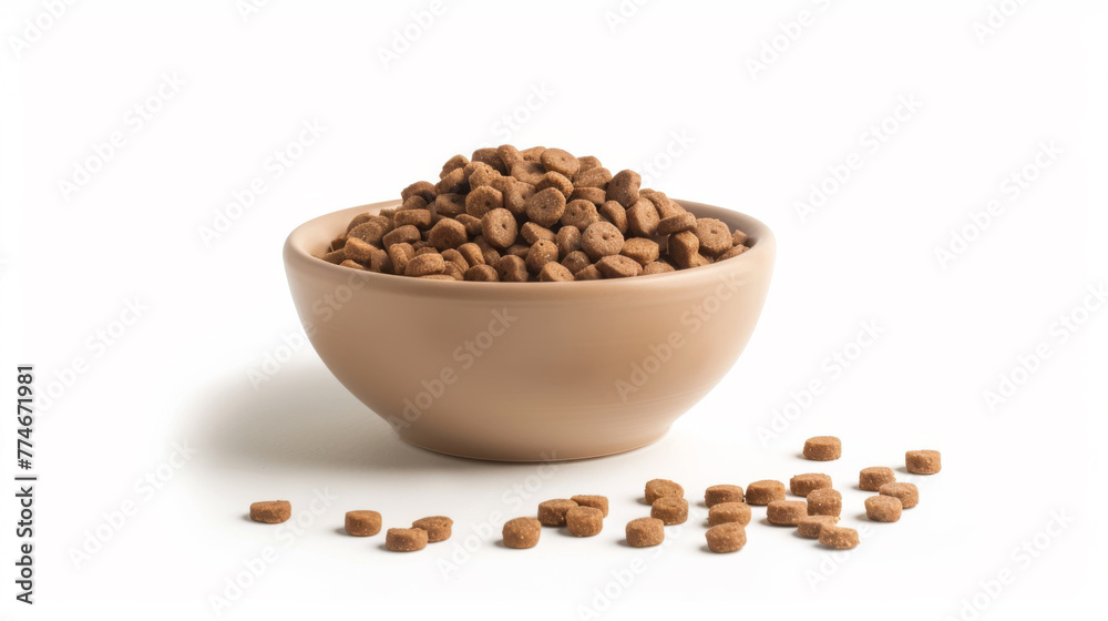 A bowl brimming with brown pet kibble against a white background. A bowl brimming with brown pet kibble against a white background.