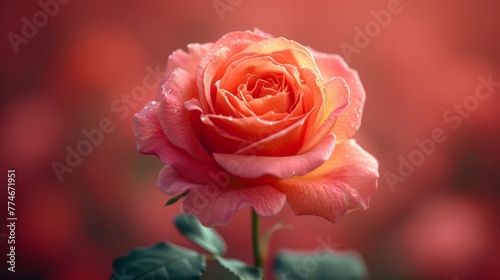   Close-up of a pink rose with water droplets on its petals and green leaves against a red backdrop