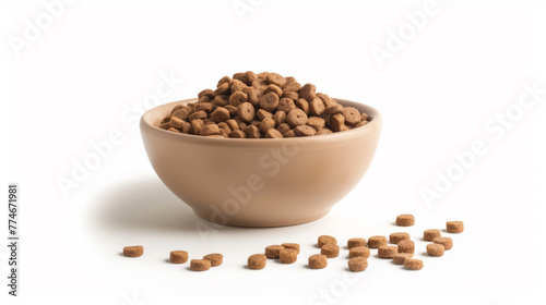 A bowl brimming with brown pet kibble against a white background.