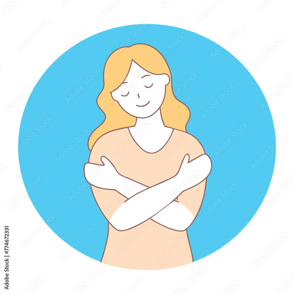 A smiling woman hugs herself to show self-love Happy girl hugs herself