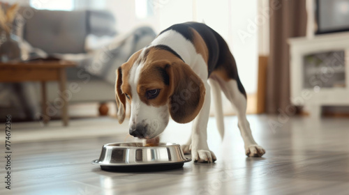 A Labrador eats from a metal bowl filled with dry food on a wooden floor.