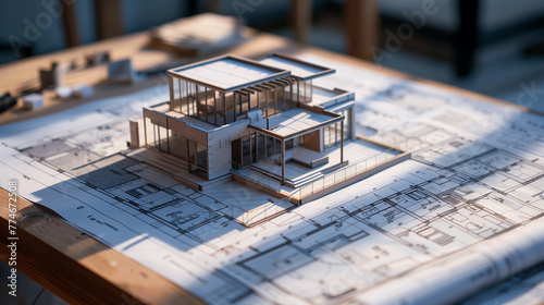Architectural Model Home on Blueprint Plans . A detailed architectural model of a modern house sitting on top of blueprint plans on a wooden table. 