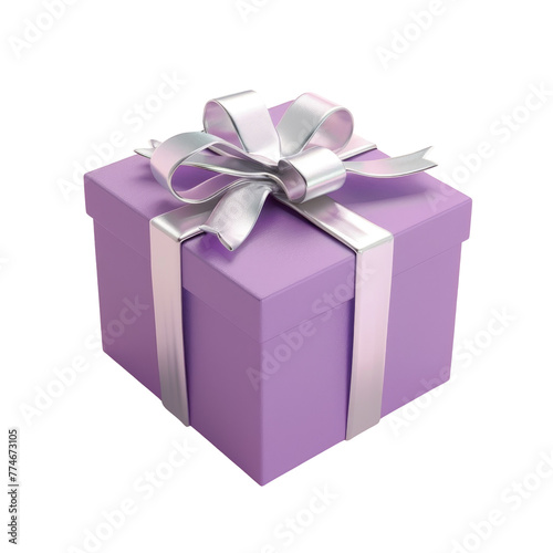 Purple gift box with silver ribbon and bow on Transparent Background