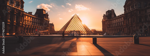 Louvre Museum with Louvre Pyramid at evening at sunset in Paris France