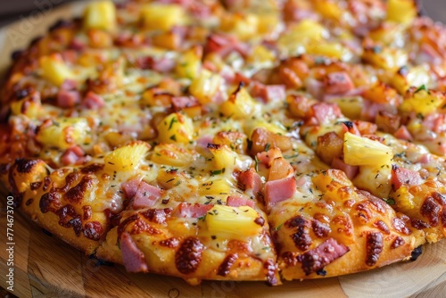 Just baked Hawaiian pizza with pineapple and ham on wooden board
