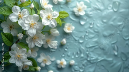  A backdrop of blue features numerous white blossoms with verdant leaves and water droplets on their petals