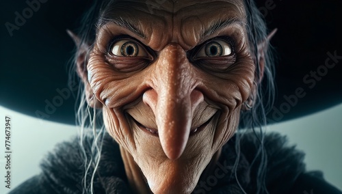 Close-up of an Ugly Witch Character Face with piercing eyes and wrinkled skin. Generative AI.