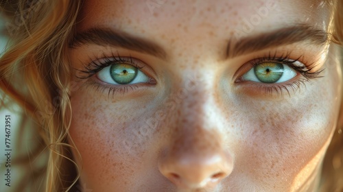   A tight shot of a woman's face, adorned with a constellation of freckles on her skin, including her eyes