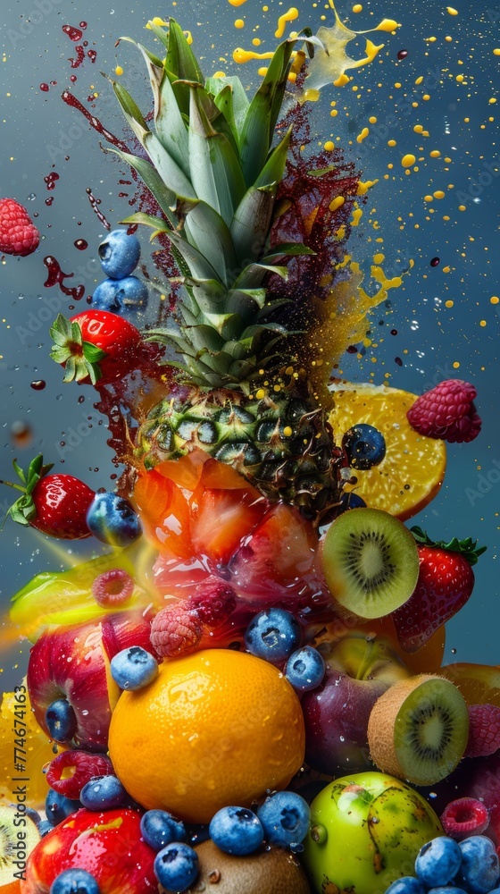 Tropical fruit explosion, bursting with juicy colors, macro photography style