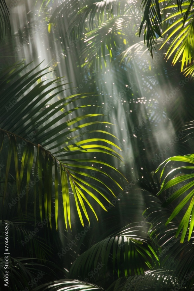 Sunlight filtering through the leaves of a palm tree, creating intricate patterns of light and shadow