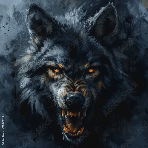   A painting of a wolf's face with orange eyes and a menacing snarl © Mikus