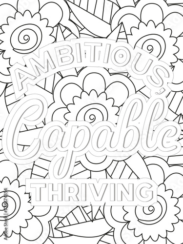 Keychain Quotes Flower Coloring Page Beautiful black and white illustration for adult coloring book