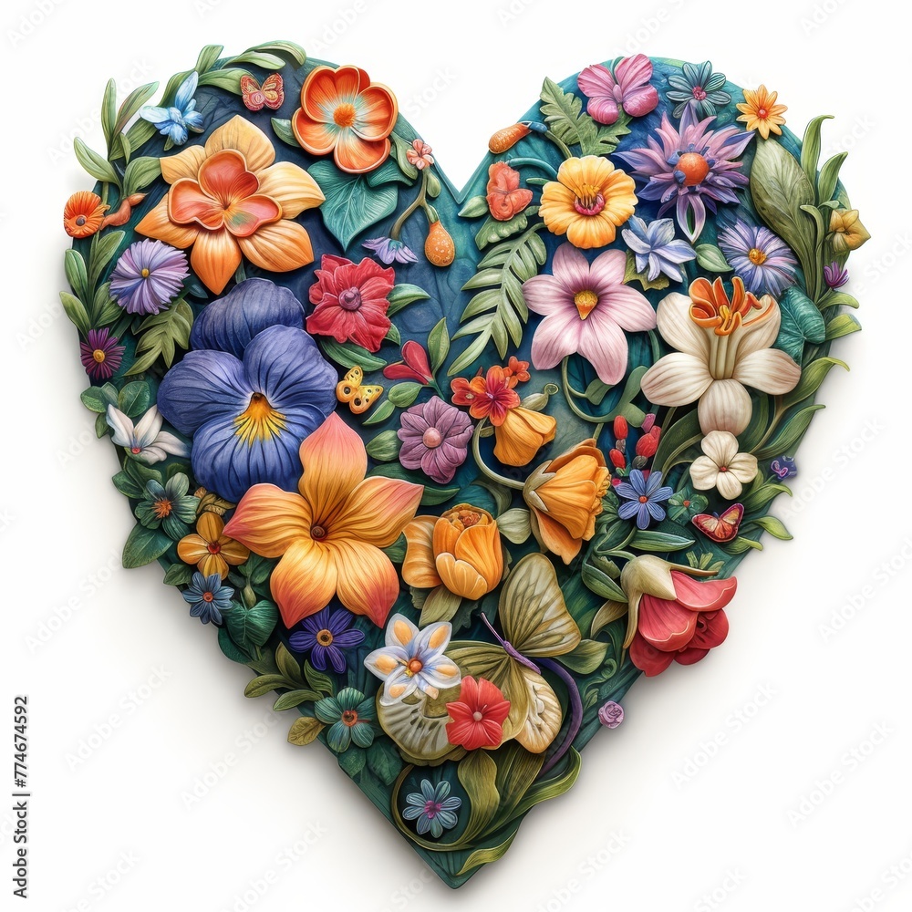   A heart-shaped painting adorned with flowers and leaves on each side is rendered in shades of blue, orange, yellow, and pink