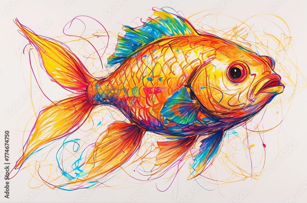 Fototapeta premium Golden fish in chaotic crayon drawing style