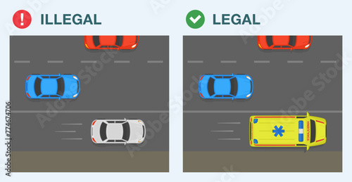 Safe driving rules and tips. Legal and illegal driving on expressway shoulder. Top view of a traffic flow. Emergency vehicles are allowed to drive on shoulder. Flat vector illustration template.