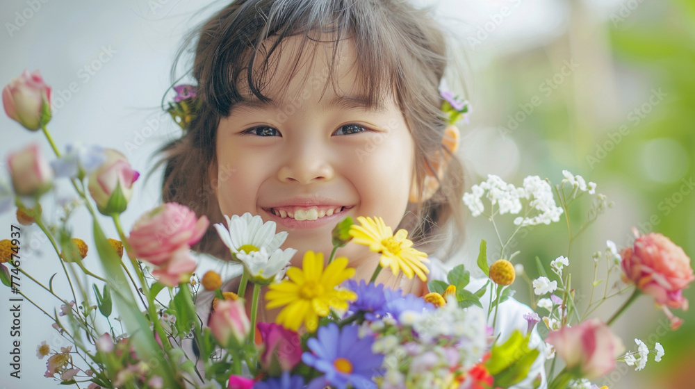 Happy, smiling kid with bunch of colorful flowers for mothers day or birthday celebration. Horizontal banner or background Happy, smiling kid with bunch of colorful flowers for mothers day or birthday celebration. Horizontal banner or background