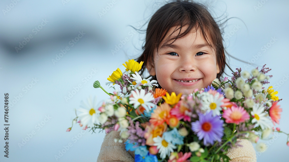 Happy, smiling kid with bunch of colorful flowers for mothers day or birthday celebration. Horizontal banner or background Happy, smiling kid with bunch of colorful flowers for mothers day or birthday celebration. Horizontal banner or background