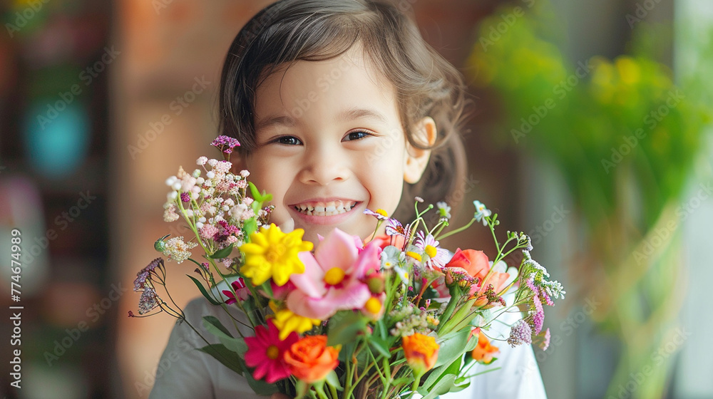 Happy, smiling kid with bunch of colorful flowers for mothers day or birthday celebration. Horizontal banner or background Happy, smiling kid with bunch of colorful flowers for mothers day or birthday celebration. Horizontal banner or background