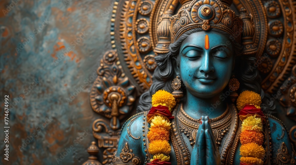 A tight shot of a statue, displaying a figure with a floral garland encircling the neck and hands positioned in front A tight shot of a statue, displaying a figure with a floral garland encircling the neck and hands positioned in front
