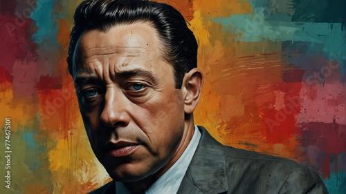albert camus abstract portrait oil pallet knife paint painting on canvas large brush strokes art watercolor illustration colorful background from Generative AI photo