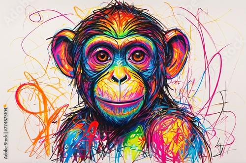 Monkey in chaotic crayon drawing style photo