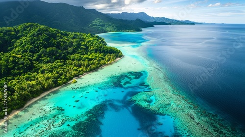A winding coastline from above  showcasing the contrast between lush green jungle  pristine beaches
