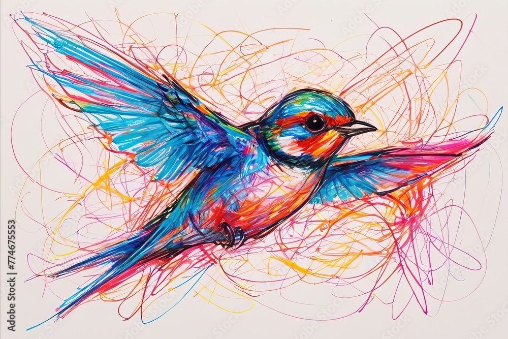 Fototapeta premium Swallow in chaotic wax crayon drawing style